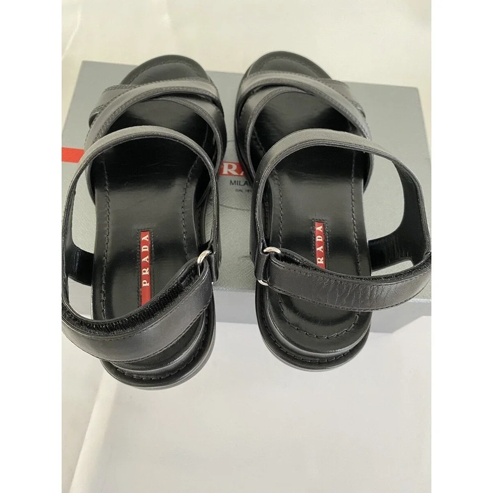 Prada 3X6289‎ Women's BLACK LEATHER STITCHED OPEN TOE FLATS SANDALS, 36.5